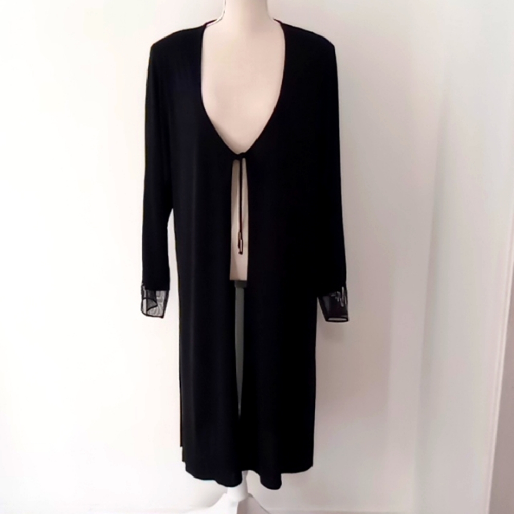 Vintage Virginie Paris Sheer Black Long Duster/Kimono With Embroidered Mesh Cuff